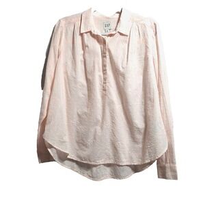 Gap Womens M Pink Semi Sheer Swiss Dot Blouse Shirt 1/4 Buttons Long Cuff Sleeve